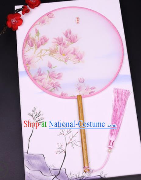 Handmade Chinese Printing Mangnolia Pink Silk Fans Traditional Classical Dance Palace Fan for Women