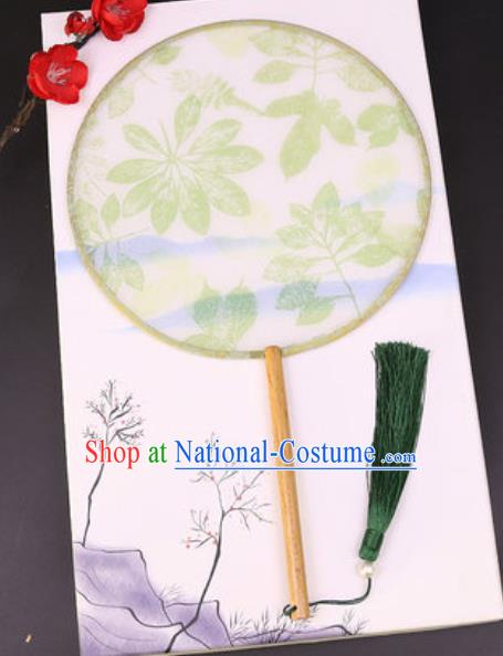 Handmade Chinese Printing Green Leaf Silk Fans Traditional Classical Dance Palace Fan for Women