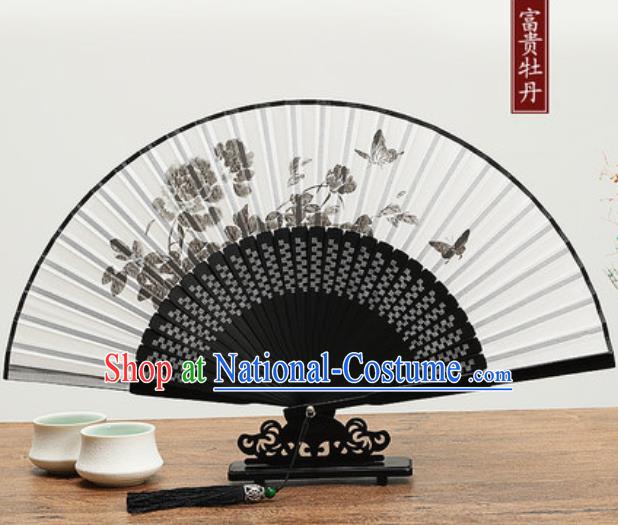 Chinese Traditional Ink Painting Peony Fan Handmade Accordion Classical Dance Fans Folding Fan