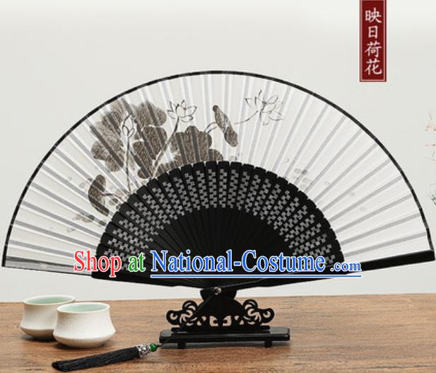 Chinese Traditional Ink Painting Lotus Fan Handmade Accordion Classical Dance Fans Folding Fan