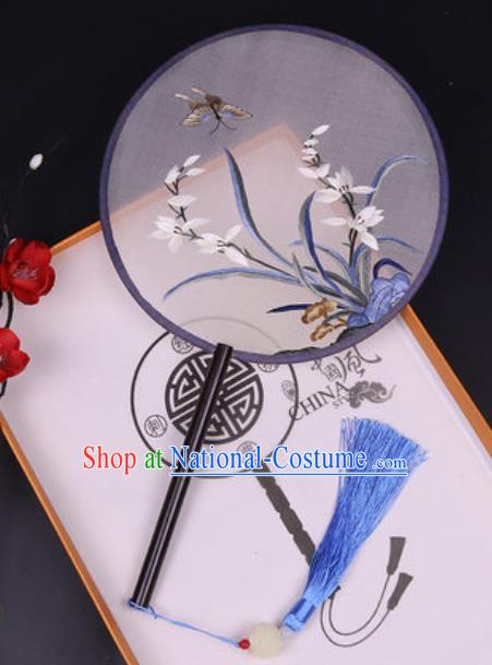 Handmade Chinese Embroidered Orchid Butterfly Silk Fans Traditional Classical Dance Palace Fan for Women