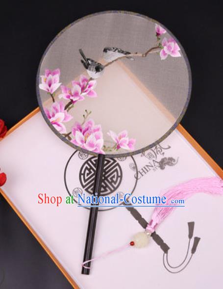 Handmade Chinese Embroidered Pink Mangnolia Silk Fans Traditional Classical Dance Palace Fan for Women