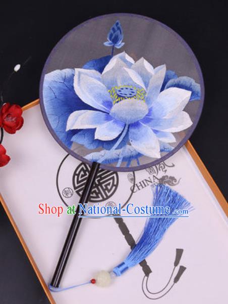 Handmade Chinese Embroidered Blue Lotus Silk Fans Traditional Classical Dance Palace Fan for Women