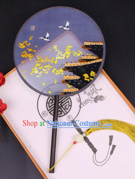 Handmade Chinese Embroidered Ginkgo Crane Silk Fans Traditional Classical Dance Palace Fan for Women