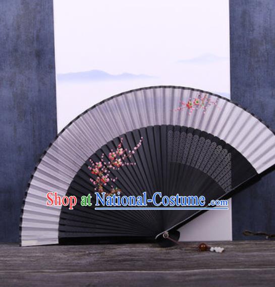 Chinese Traditional Hand Painting Plum Black Silk Fan Classical Dance Accordion Fans Folding Fan