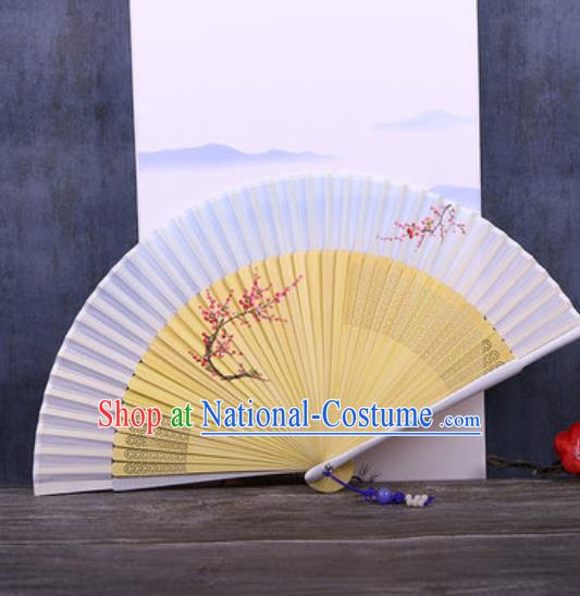 Chinese Traditional Hand Painting Plum Light Blue Silk Fan Classical Dance Accordion Fans Folding Fan