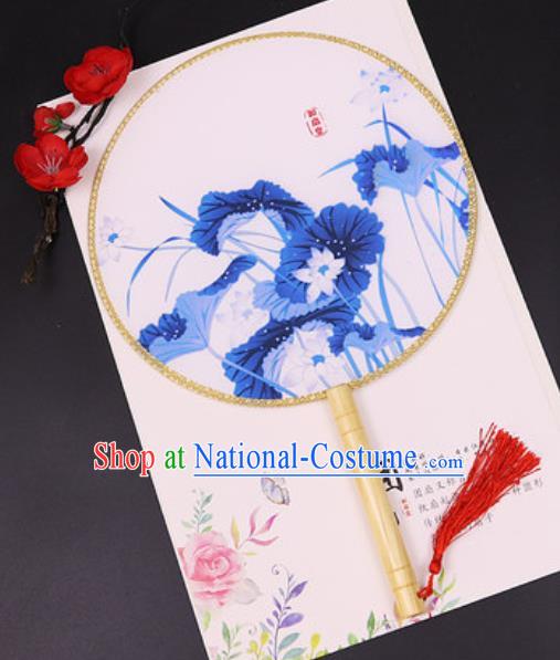 Chinese Traditional Printing Blue Lotus Silk Fans Handmade Classical Dance Palace Fan for Women