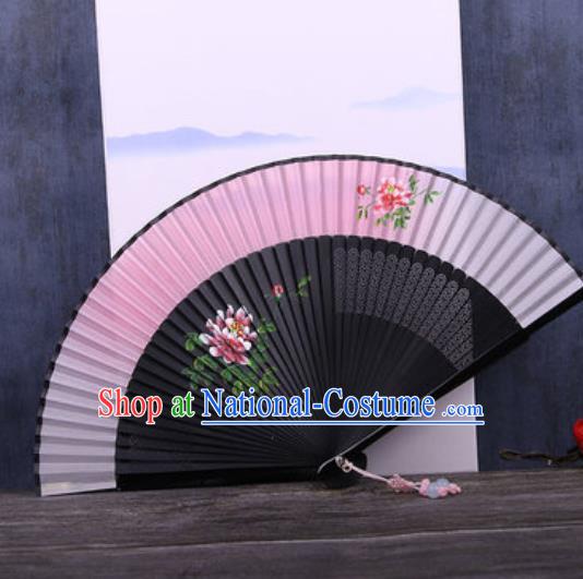 Chinese Traditional Hand Painting Peony Pink Silk Fan Classical Dance Accordion Fans Folding Fan