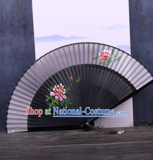 Chinese Traditional Hand Painting Peony Grey Silk Fan Classical Dance Accordion Fans Folding Fan