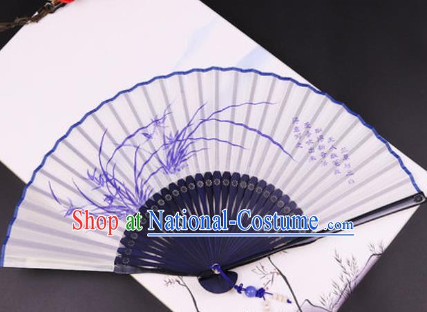 Chinese Traditional Painting Orchids Blue Bamboo Fan Classical Dance Accordion Silk Fans Folding Fan