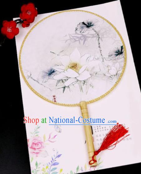 Chinese Traditional Printing White Lotus Silk Fans Handmade Classical Dance Palace Fan for Women