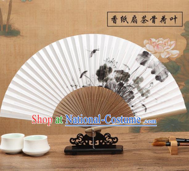 Chinese Traditional Ink Painting Lotus Dragonfly Fan Classical Dance Accordion Paper Fans Folding Fan