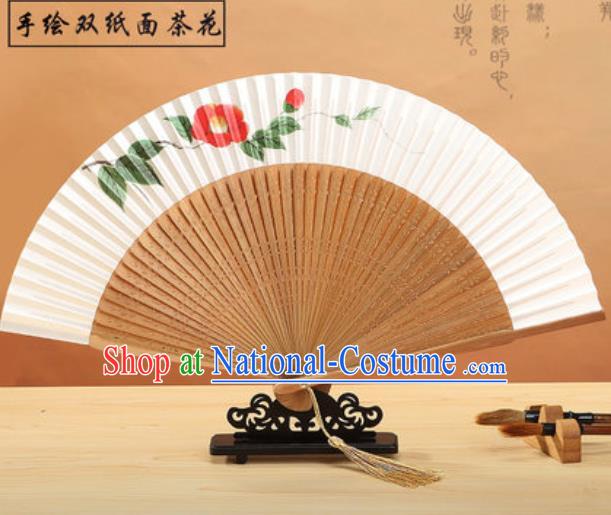 Chinese Traditional Hand Painting Camellia Paper Fan Classical Dance Accordion Bamboo Fans Folding Fan