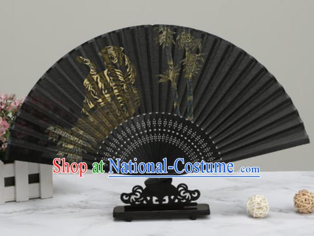 Chinese Traditional Printing Tiger Bamboo Black Silk Fan Classical Dance Accordion Fans Folding Fan