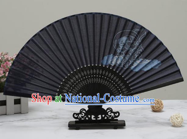 Chinese Traditional Printing Peony Black Silk Fan Classical Dance Accordion Fans Folding Fan