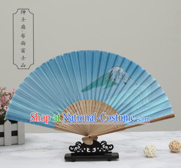 Chinese Traditional Printing Mount Fuji Blue Silk Fan Classical Dance Accordion Fans Folding Fan