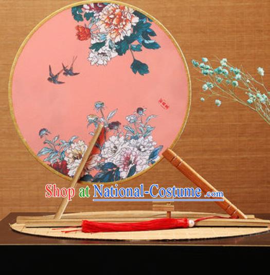 Handmade Chinese Printing Peony Pink Round Fans Traditional Classical Dance Red Beech Palace Fan for Women