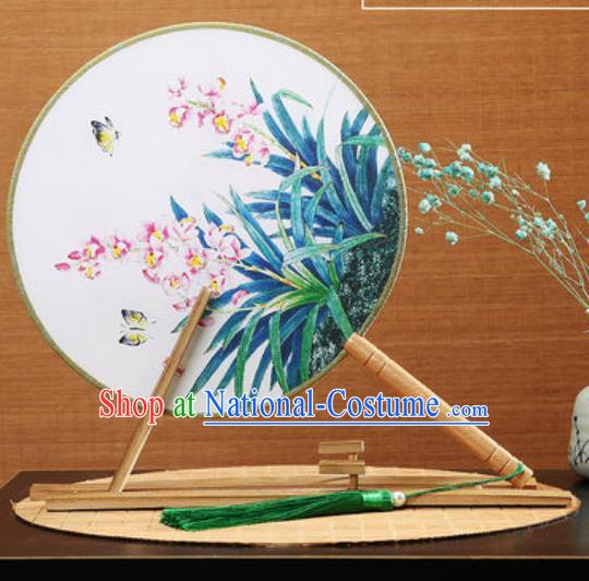 Handmade Chinese Printing Butterfly Orchid Round Fans Traditional Classical Dance Red Beech Palace Fan for Women