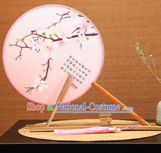 Handmade Chinese Printing Peach Flowers Pink Round Fans Traditional Classical Dance Red Beech Palace Fan for Women