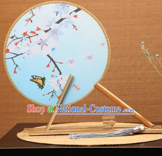 Handmade Chinese Printing Pear Flowers Blue Round Fans Traditional Classical Dance Red Beech Palace Fan for Women