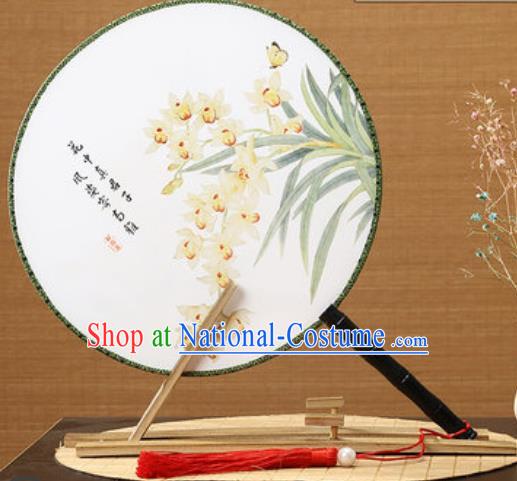 Handmade Chinese Printing Orchids Palace Fans Traditional Classical Dance Round Fan for Women