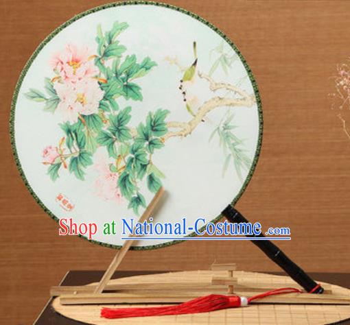 Handmade Chinese Printing Peony Light Green Palace Fans Traditional Classical Dance Round Fan for Women