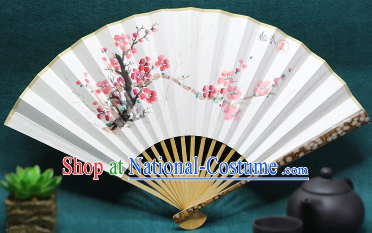 Handmade Chinese Painting Plum Mottled Bamboo Fan Traditional Classical Dance Accordion Fans Folding Fan