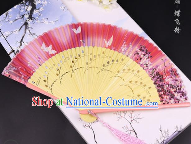 Handmade Chinese Butterfly Pink Cotton Fan Traditional Classical Dance Accordion Fans Folding Fan