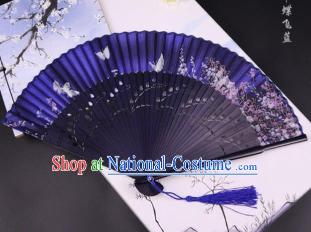 Handmade Chinese Butterfly Blue Cotton Fan Traditional Classical Dance Accordion Fans Folding Fan