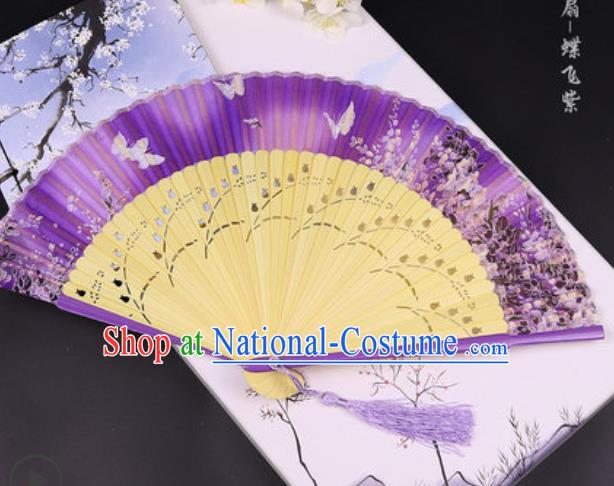 Handmade Chinese Butterfly Purple Cotton Fan Traditional Classical Dance Accordion Fans Folding Fan