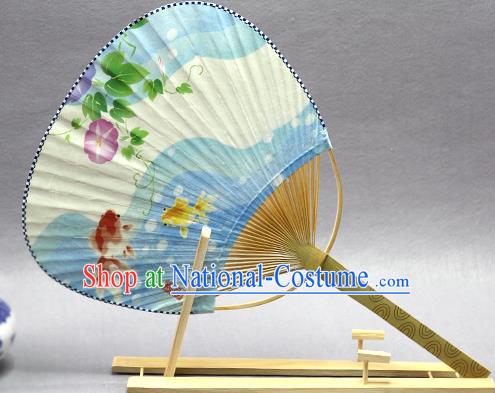 Handmade Chinese Printing Petunia Goldfish Blue Paper Fans Traditional Classical Dance Palace Fan for Women