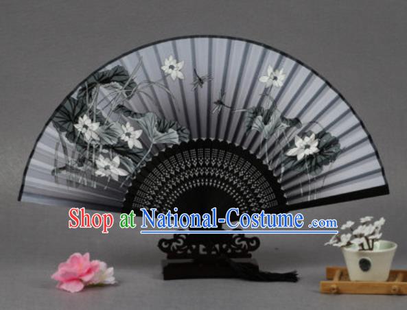 Handmade Chinese Printing Lotus Grey Silk Fan Traditional Classical Dance Accordion Fans Folding Fan