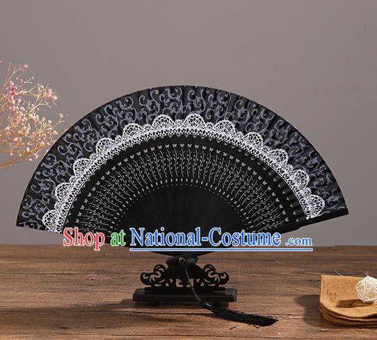 Handmade Chinese Printing White Lace Ebony Fan Traditional Classical Dance Accordion Fans Folding Fan