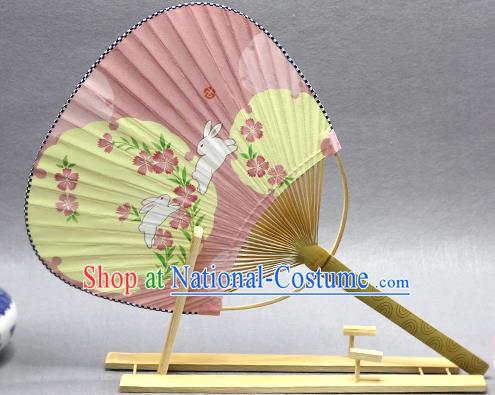 Handmade Chinese Printing Rabbit Pink Paper Fans Traditional Classical Dance Palace Fan for Women