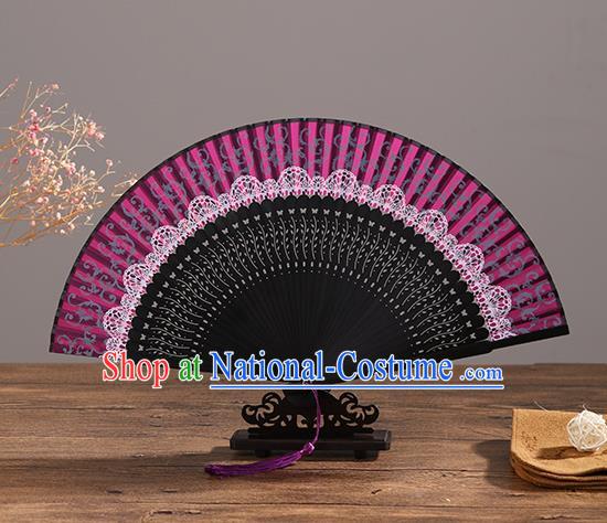 Handmade Chinese Printing Pink Lace Ebony Fan Traditional Classical Dance Accordion Fans Folding Fan