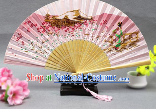 Handmade Chinese Printing Sakura Pink Fan Traditional Classical Dance Accordion Fans Folding Fan