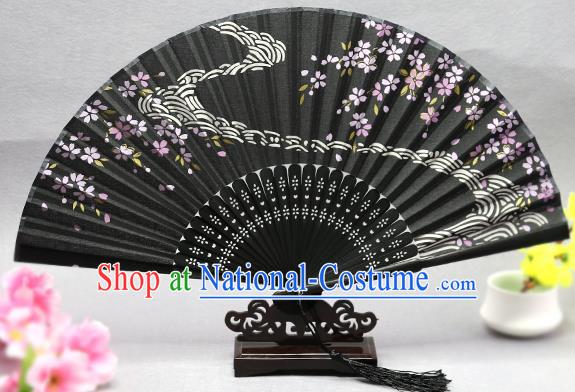 Handmade Chinese Printing Flow Sakura Black Fan Traditional Classical Dance Accordion Fans Folding Fan