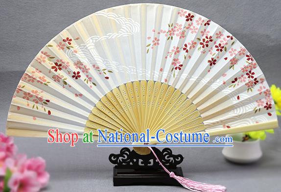 Handmade Chinese Printing Flow Sakura White Fan Traditional Classical Dance Accordion Fans Folding Fan