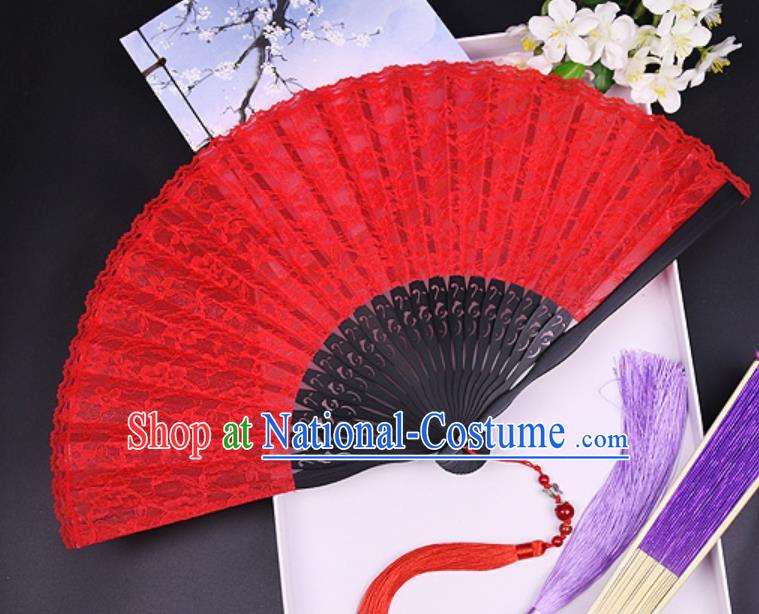 Handmade Chinese Red Lace Fan Traditional Classical Dance Accordion Fans Folding Fan