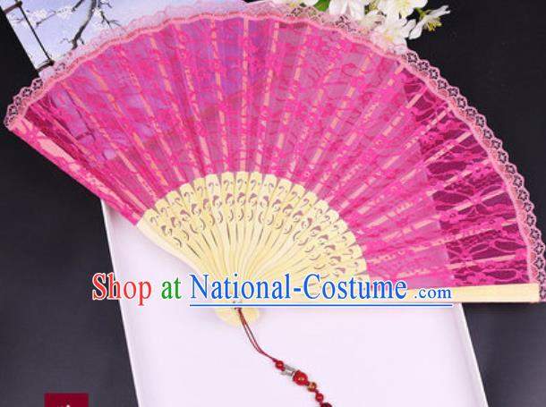 Handmade Chinese Rosy Lace Fan Traditional Classical Dance Accordion Fans Folding Fan