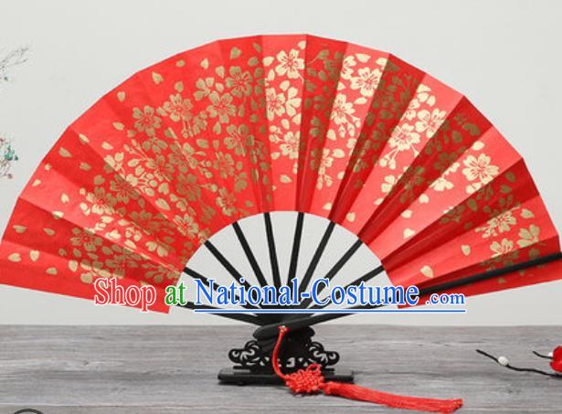 Handmade Chinese Printing Golden Sakura Red Fan Traditional Classical Dance Accordion Fans Folding Fan