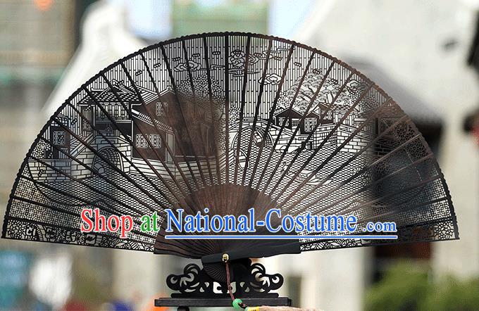 Handmade Chinese Carving Jiangnan Watertown Ebony Fan Traditional Classical Dance Accordion Fans Folding Fan