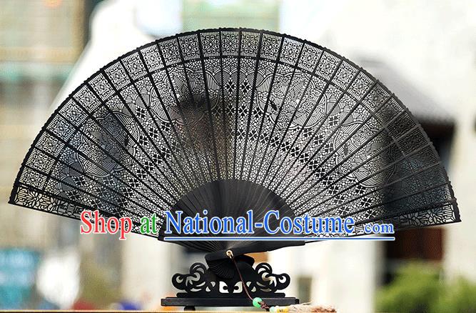 Handmade Chinese Carving Phoenix Ebony Fan Traditional Classical Dance Accordion Fans Folding Fan