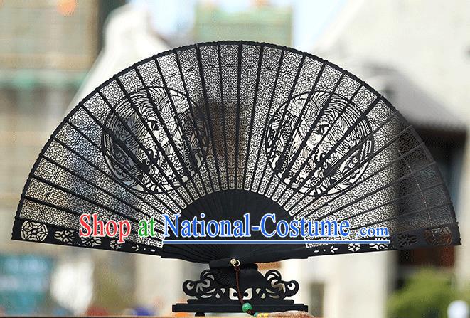 Handmade Chinese Carving Round Phoenix Ebony Fan Traditional Classical Dance Accordion Fans Folding Fan