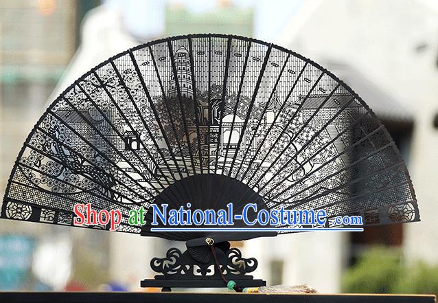 Handmade Chinese Carving Gusu Tiger Hill Ebony Fan Traditional Classical Dance Accordion Fans Folding Fan