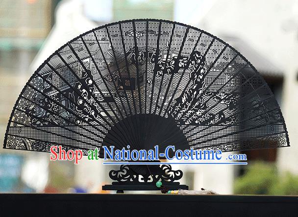 Handmade Chinese Carving Lingering Garden Ebony Fan Traditional Classical Dance Accordion Fans Folding Fan