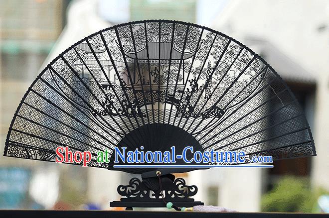 Handmade Chinese Carving Wangshi Garden Ebony Fan Traditional Classical Dance Accordion Fans Folding Fan