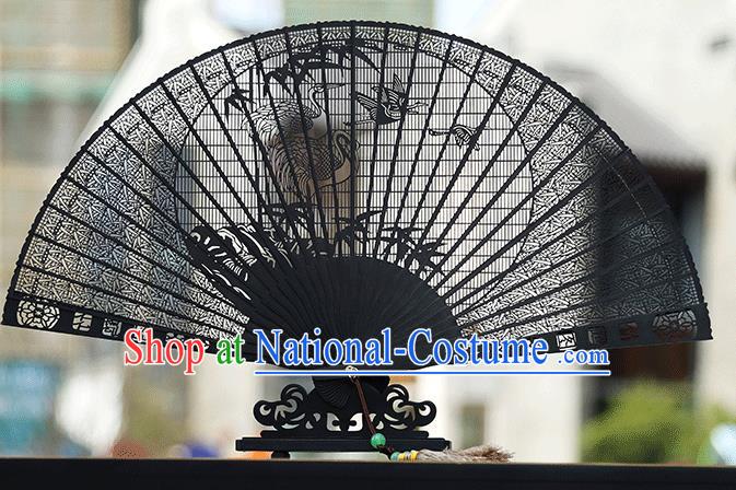 Handmade Chinese Carving Crane Bamboo Ebony Fan Traditional Classical Dance Accordion Fans Folding Fan