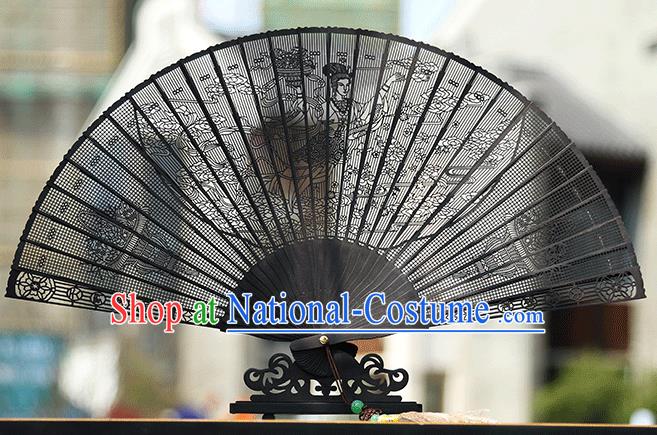 Handmade Chinese Carving Flower Goddess Ebony Fan Traditional Classical Dance Accordion Fans Folding Fan