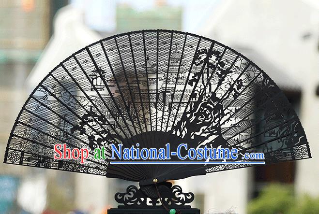 Handmade Chinese Carving Beijing Garden Ebony Fan Traditional Classical Dance Accordion Fans Folding Fan